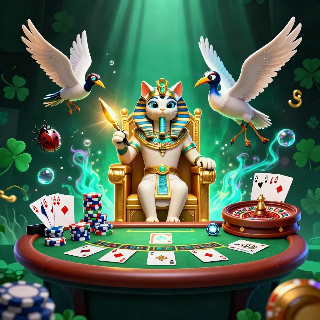 Pharaohkatt på tron med ibis och juvelskalbaggar i ett neoncasino