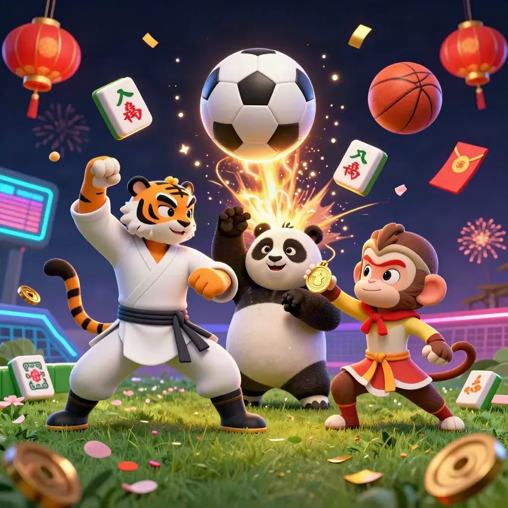 Tiger, panda och apa i kungfu med fotboll, basket och casinodetaljer i neon