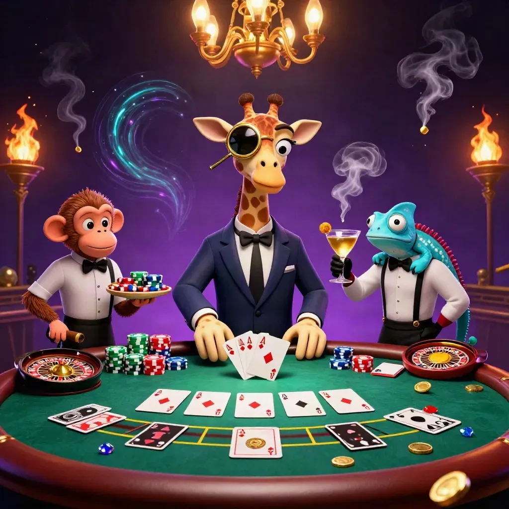 Tre casinodjur vid ett VIP-bord med gyllene drink, marker och magiskt neonljus.