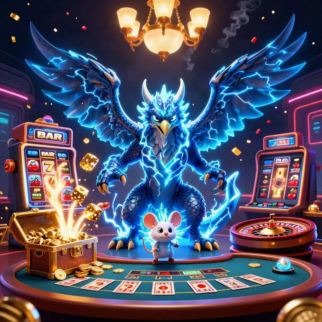 Trehövdad casino-ping, lyxig 3D drake, hök och mus med neonljus
