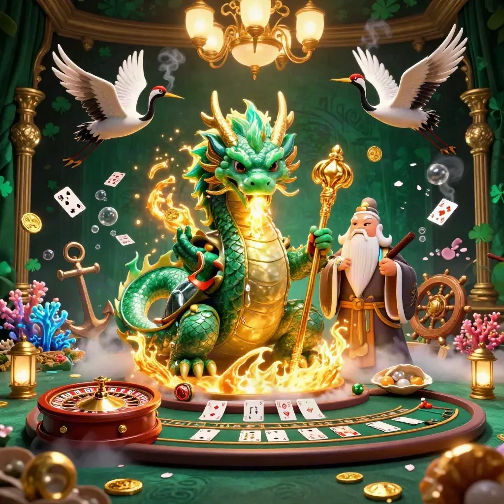 Jadedrake, sköldpadda och tranor i ett lyxigt casinorum med guld och neon.