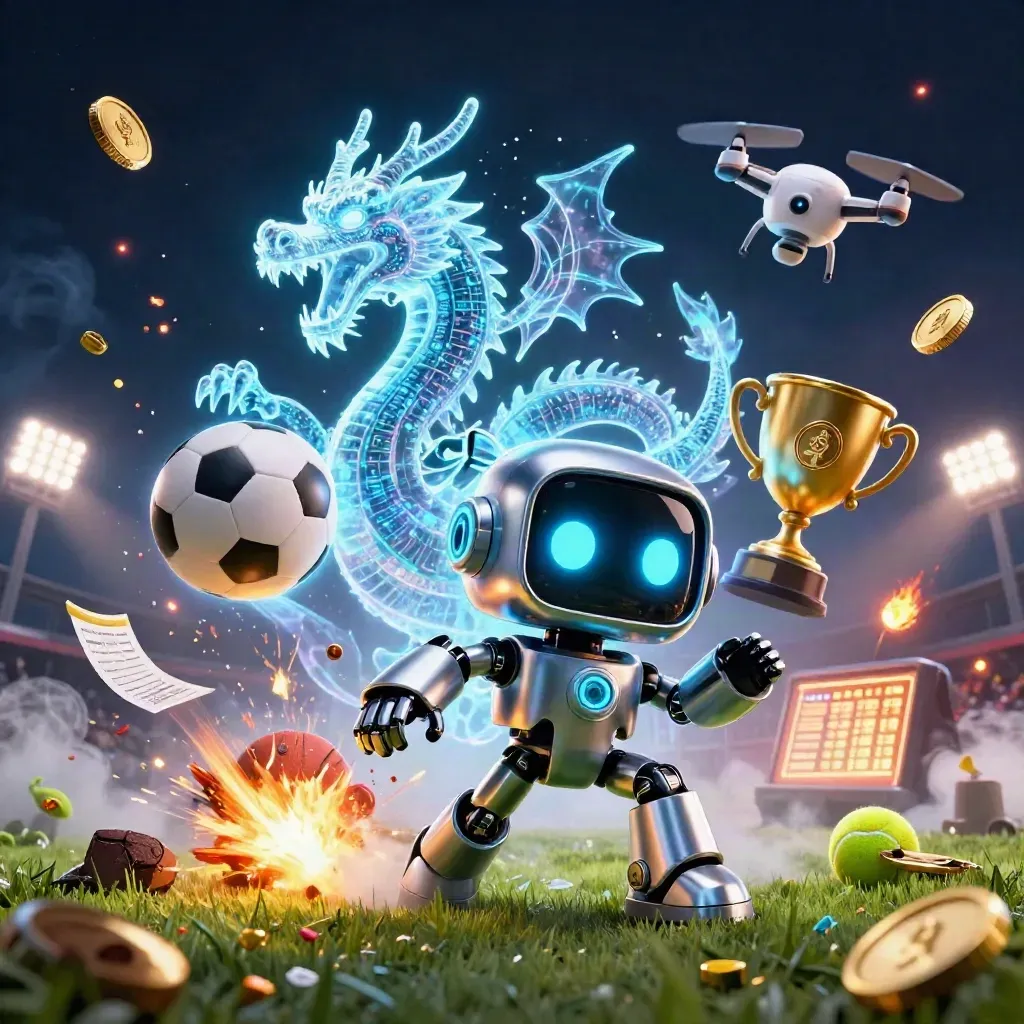 Cyberpunkrobot, hologramdrake och drönare kring flygande sportbollar i neonljus.
