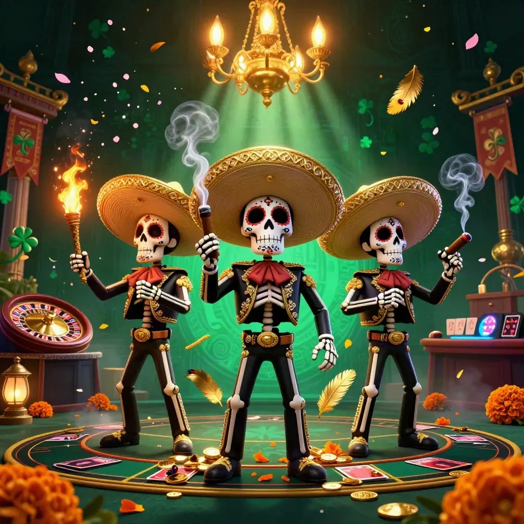 Tre skelettmariachi på kasino med guldhattar, neon och spelbord i mörkgrönt ljus