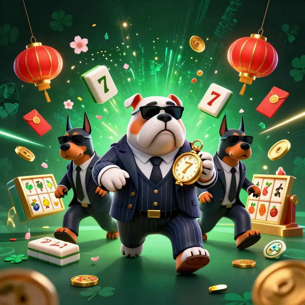 3D-bulldogg med två dobermanns, neonmynt och lyktor i mörk casinostil