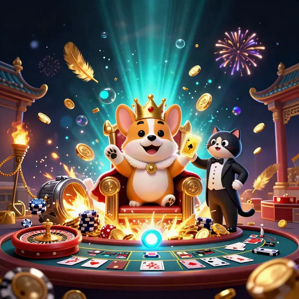 Kunglig corgi och kattbutler bland guld, kort, roulettehjul och magiskt casinobrus