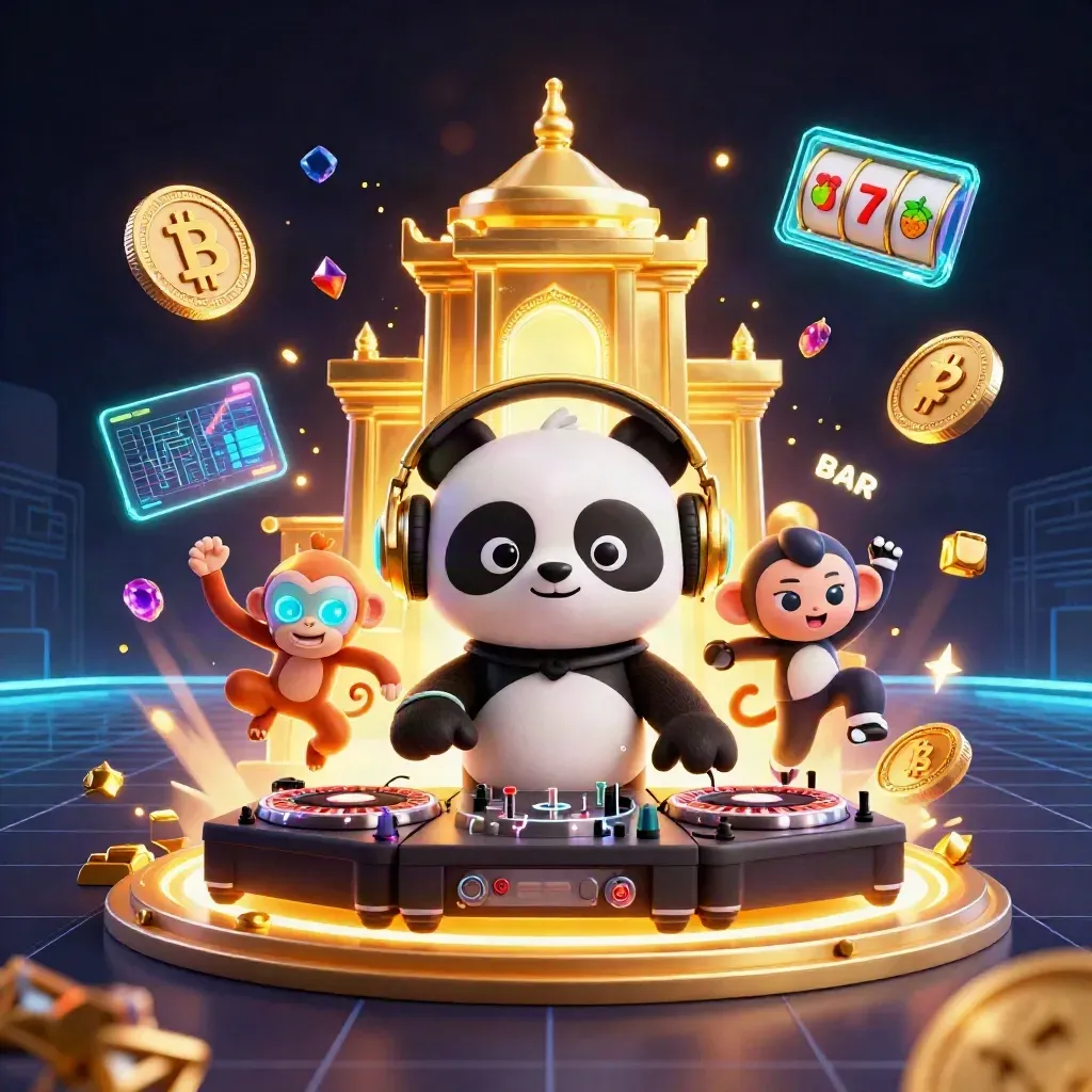 DJ-panda, dansande apa och glow-stick-katt i neon med guld, mynt och casinoljus.
