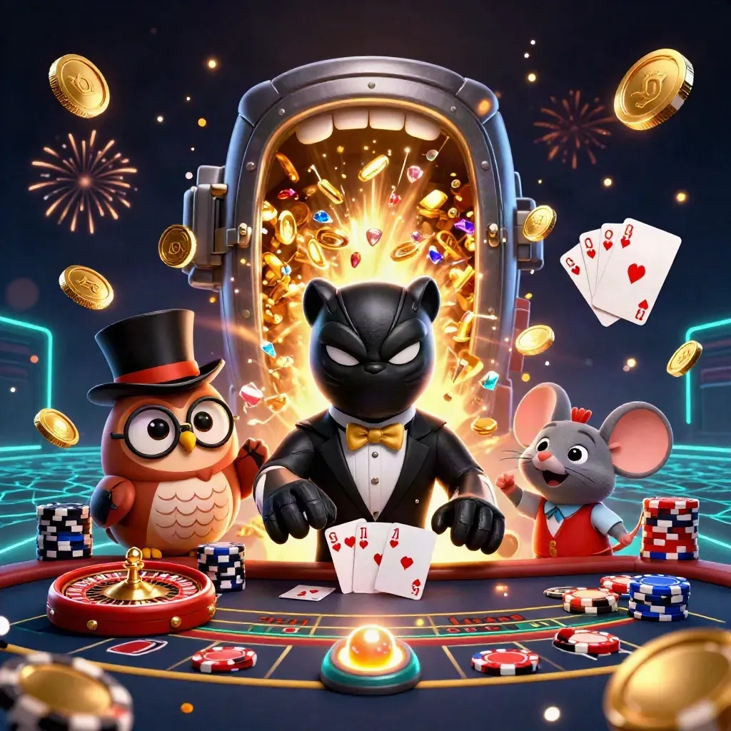 Panter i smoking, uggla och mus bland guldmynt, kort och neon i en lyxig casinoscen.