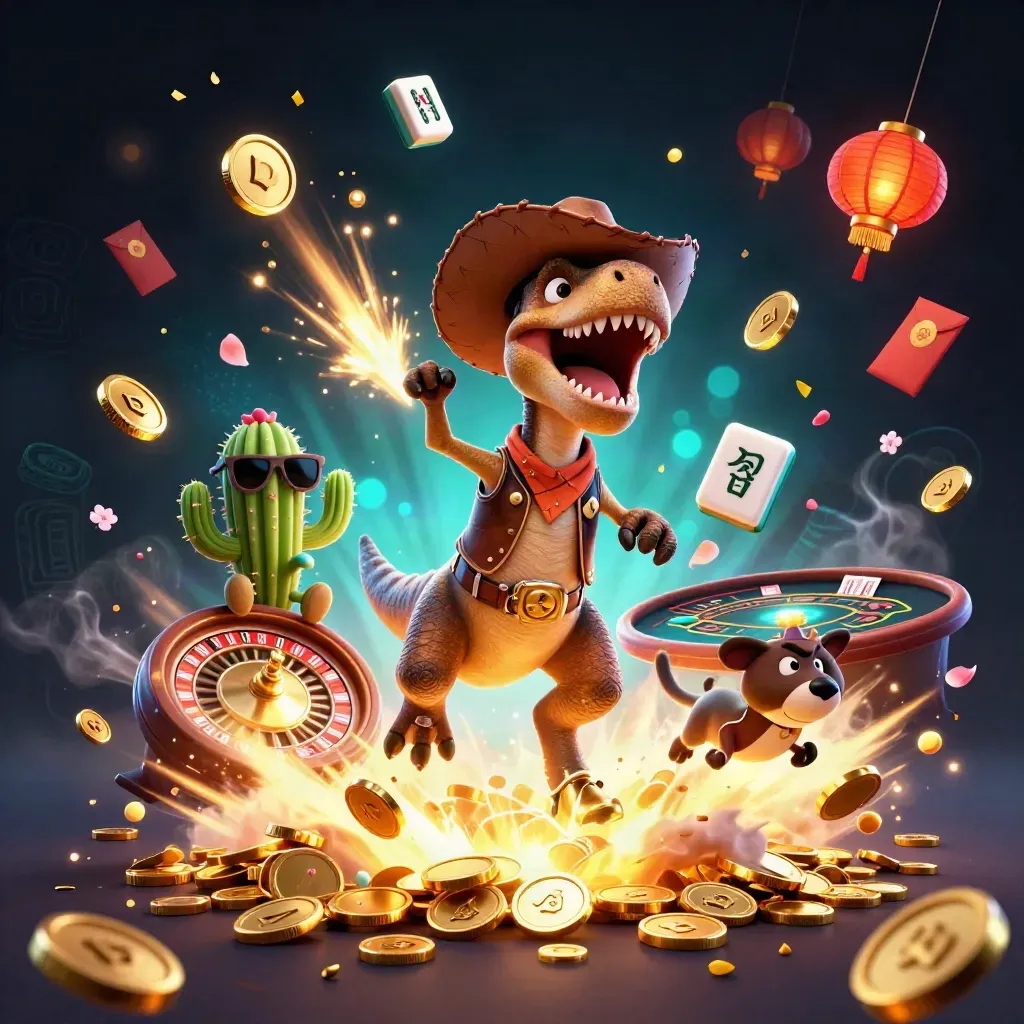 T-Rex cowboy, kaktus och vägfågel i ett gyllene casinobrus med coins och fyrverkerier.