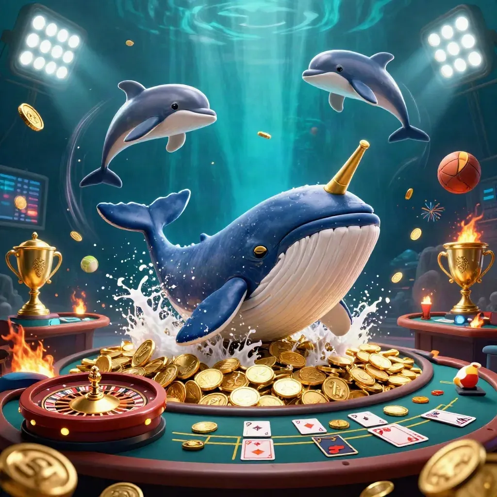 En enorm val, narval och delfiner bland mynt, pokerspel och neonljus i lyxig casinostil.