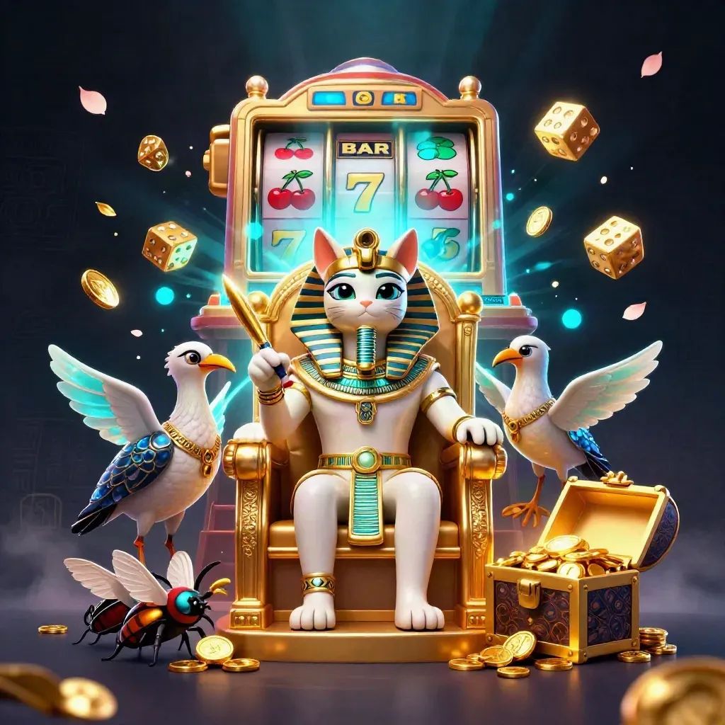Faraonisk katt på tron, ibis och skarabéer, slotmaskin exploderar i guld och cyan