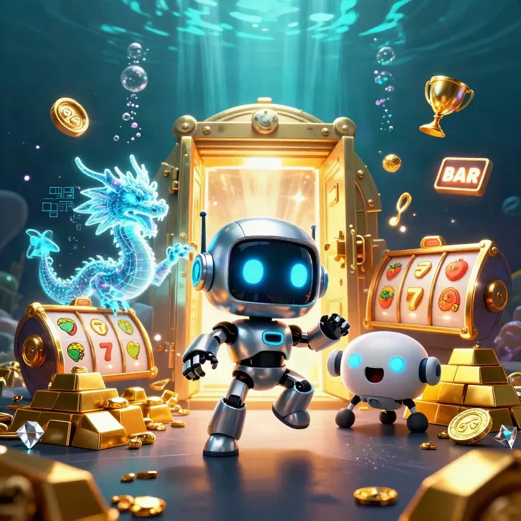 Robot, drakhologram och myntdrönare i undervattenslikt casino med skattkista och guldsken.